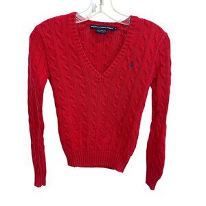 Vintage Ralph Lauren Red Cable Knit V-Neck Pullover Sweater Y2K Preppy - Size XS